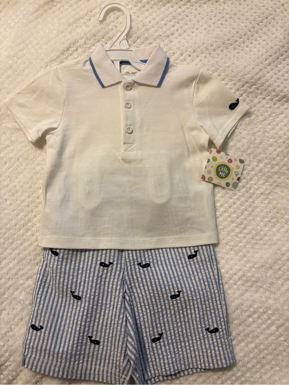 Little Me White Polo with Light Blue Whale Stripe Shorts